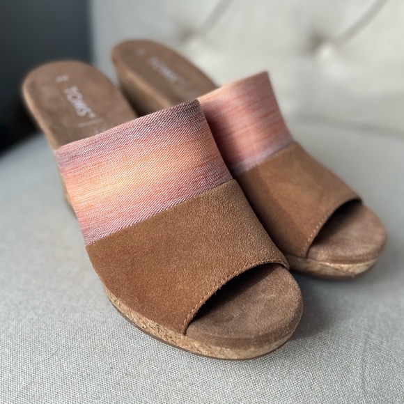 Toms Monica Tan Peach Ombra Women's US 8  Cork Wedge Platform Heel Shoes Sandals - Picture 2 of 16